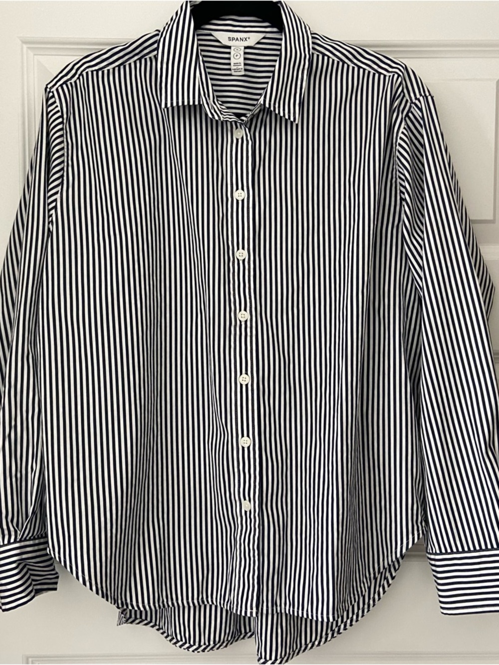 SPANX Striped Button Down Shirt Navy Blue White Small Petite 100% Cotton